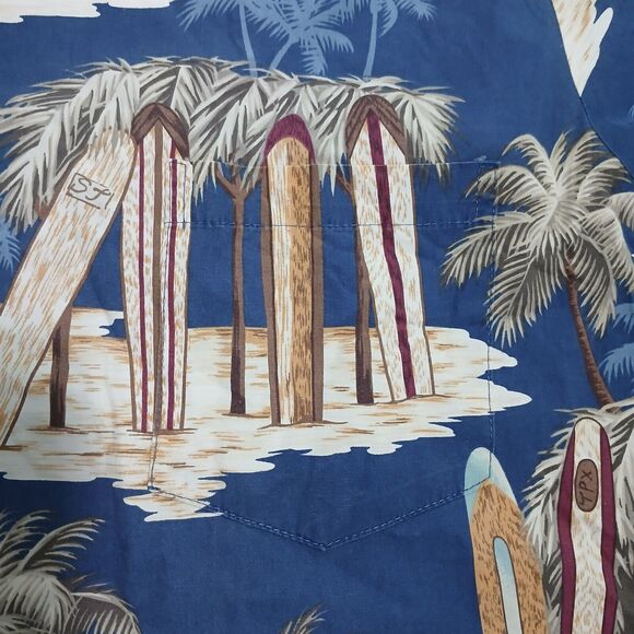 RJC Men 2XL Navy Hawaiian V Neck Button Up Short Sleeve Shirt Surfboard Resort - Picture 3 of 8